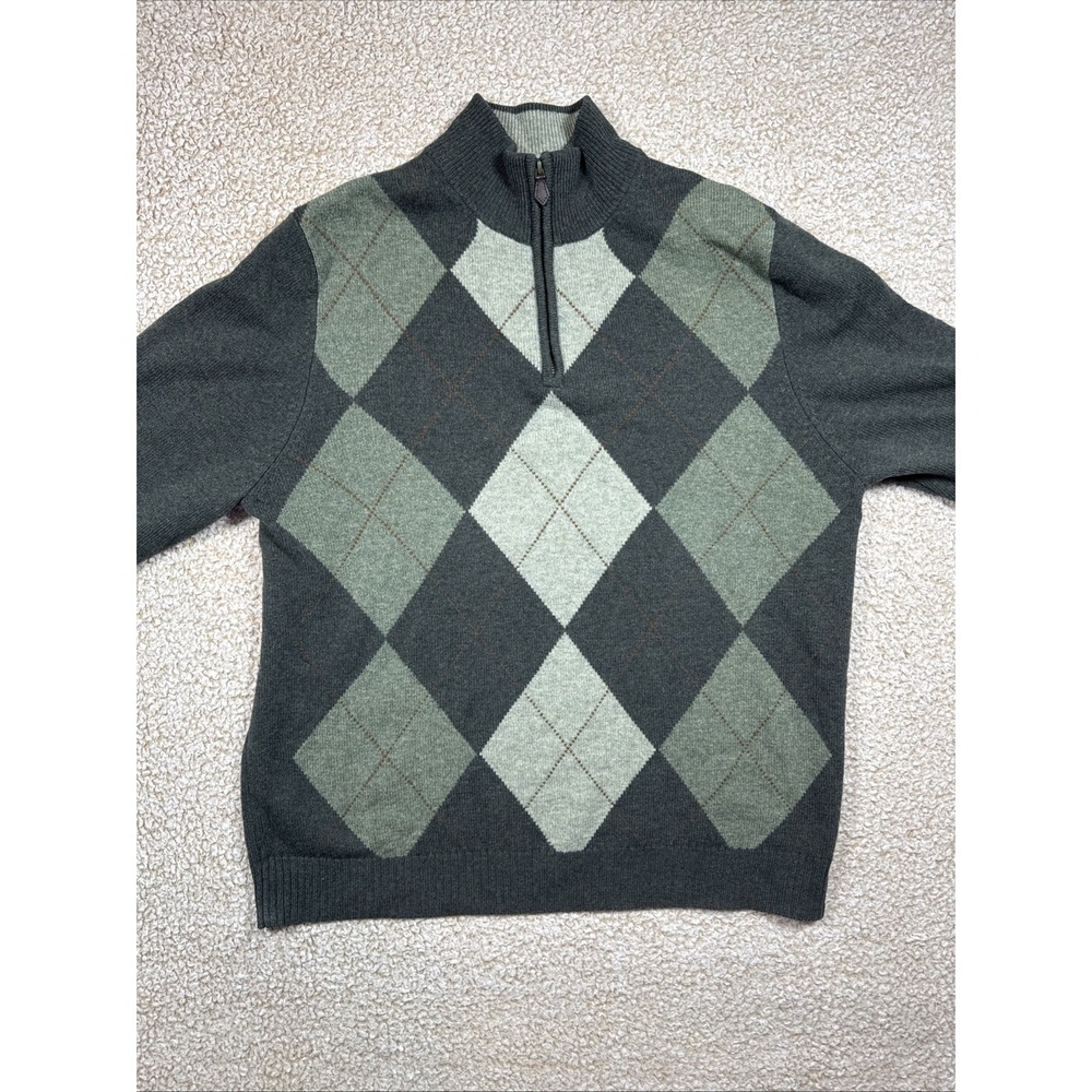 Brooks Brothers 346 Lambswool Argyle 1/4 Zip Sweater Green Brown Men's Sz M
